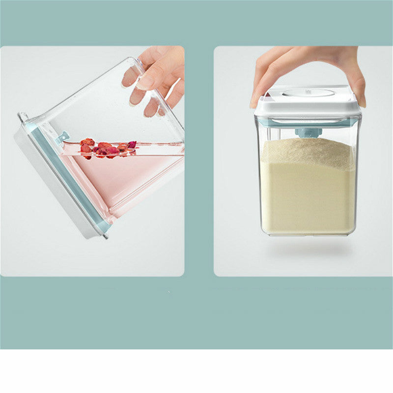 Two containers with lids, one holding flowers and the other holding a white powdery substance, on a light blue background