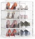 Clear shoe organizer with various shoes on a white background