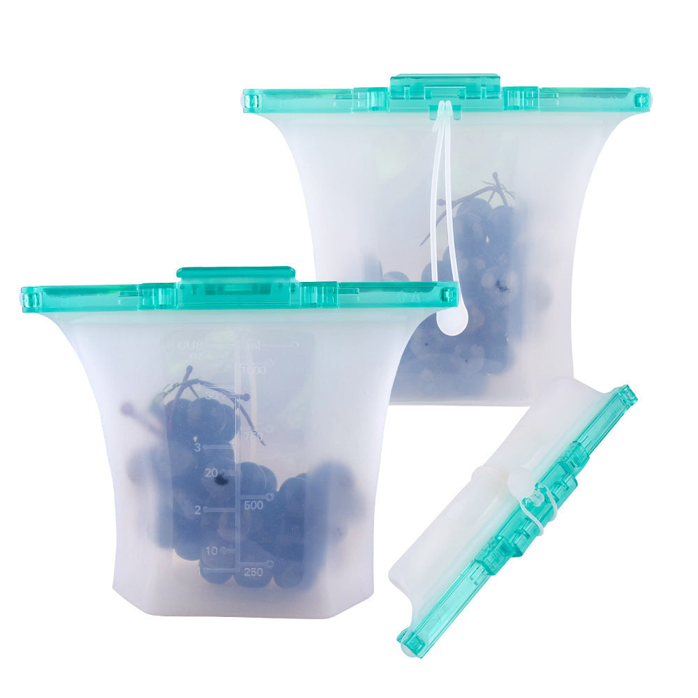 Reusable silicone food storage bags with teal lids and seals on a white background; Color-coded silicone bags for kitchen organization