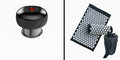 Black handheld device with digital display on a white background, accompanied by an acupressure mat and pillow on a white background