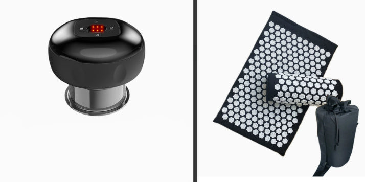 Black handheld device with digital display on a white background, accompanied by an acupressure mat and pillow on a white background
