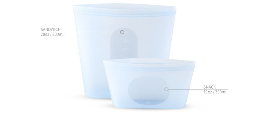 Two silicone containers labeled 'Sandwich' and 'Snack' on a white backgroun; Leak-proof silicone storage container