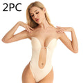 Woman wearing a beige bodysuit with '2PC' text on a white background; Seamless jacquard one-piece tube top bra in skin color with detachable shoulder straps, designed for comfort and minimizing bust appearance