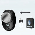 Grooming kit with electric shaver, brush, USB cable, and packaging on a light gray background