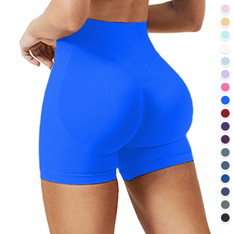 Blue athletic shorts with color swatches on a white background; High-waist breathable women's sports shorts in solid color