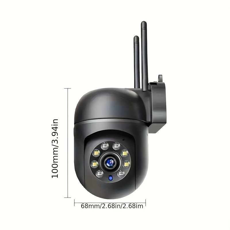 Outdoor security camera with dimensions indicated on a white background