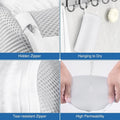 Product features including a hidden zipper, hanging to dry, tear-resistant zipper, and high permeability; White polyester mesh shoe washing laundry bag designed to protect shoes from deformation during machine washing