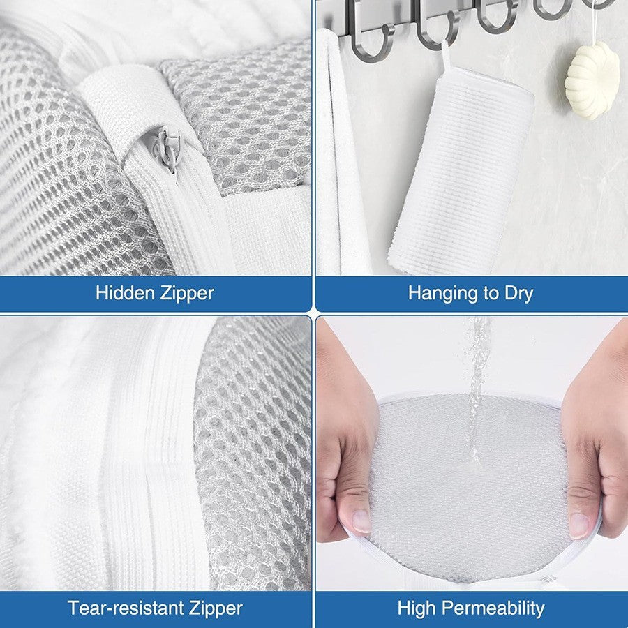 Product features including a hidden zipper, hanging to dry, tear-resistant zipper, and high permeability; White polyester mesh shoe washing laundry bag designed to protect shoes from deformation during machine washing