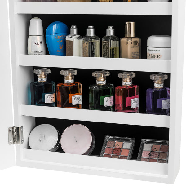 White shelf with various skincare and makeup products including bottles, jars, and boxes.