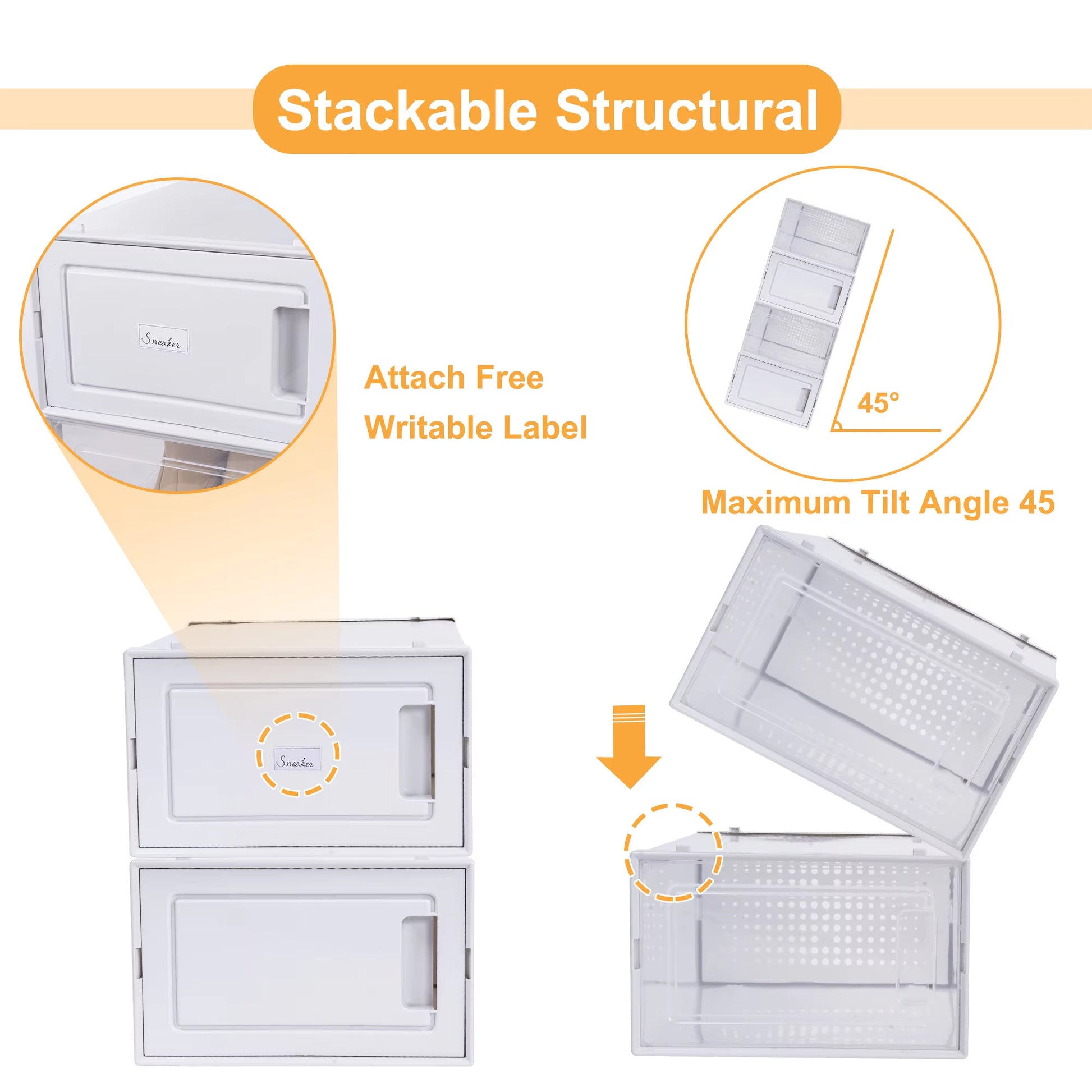 Stackable structural product with attachable writable label and maximum tilt angle of 45 degrees