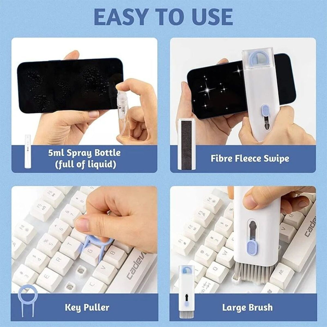 Multifunctional cleaning brush with various attachments on a blue background