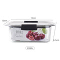 Glass food storage container with cherry design and measurements on a white background