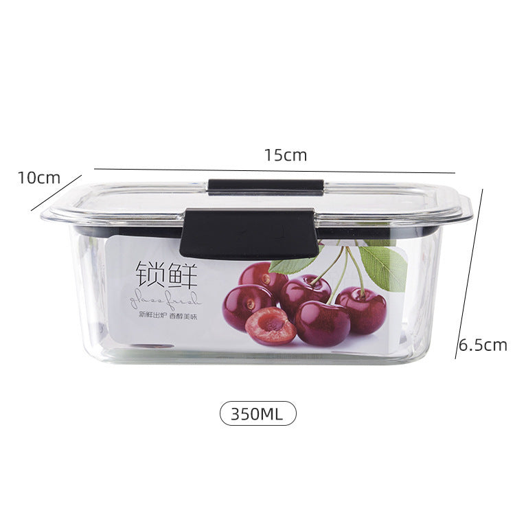 Glass food storage container with cherry design and measurements on a white background