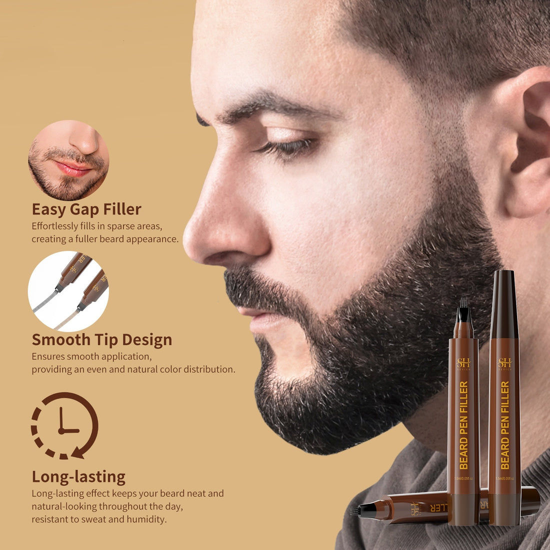 Beard pen filler with packaging on a beige background