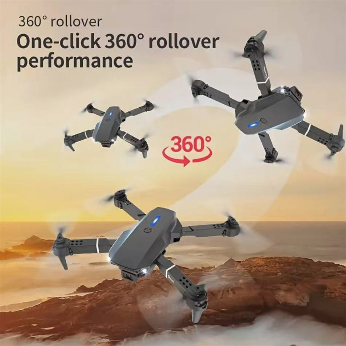 E88 Smart Camera Drone performing a 360-degree roll with text on a scenic background