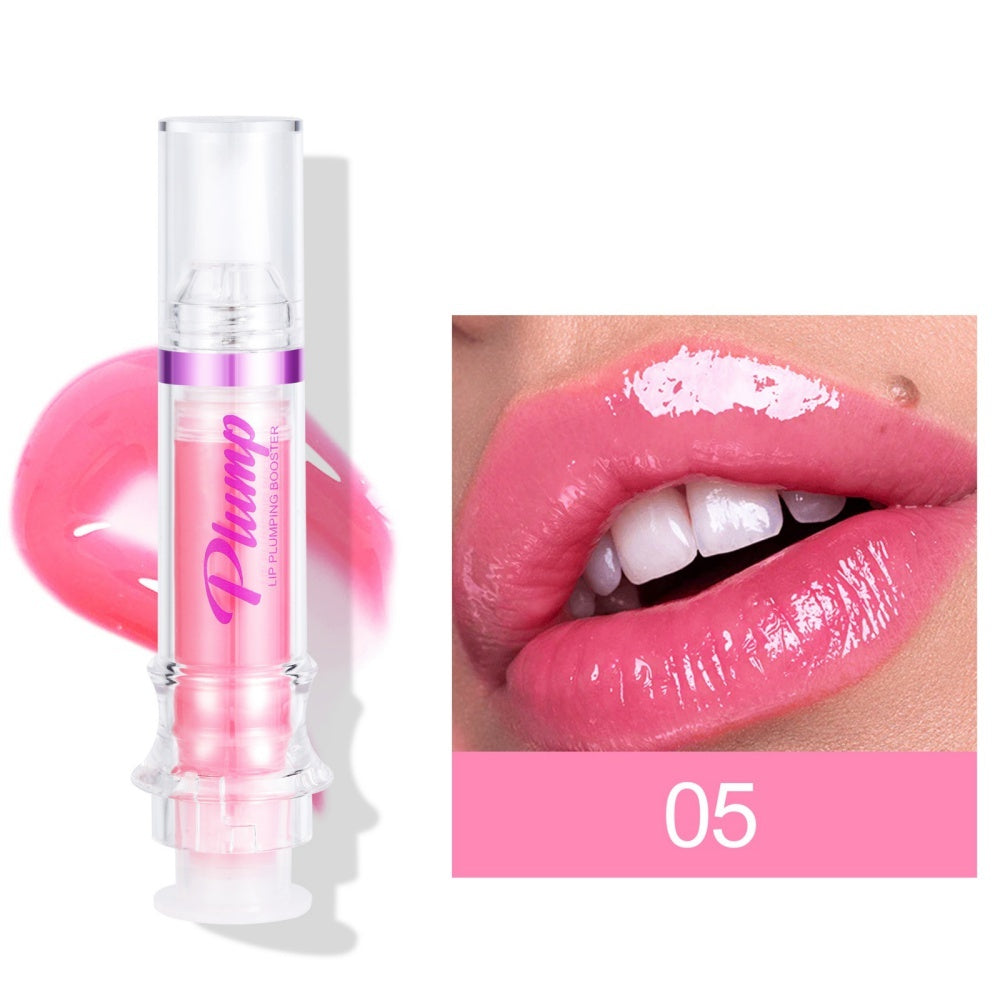 Pink lip gloss with a close-up of lips wearing the product on a white background