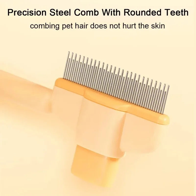 Pet grooming brush with one-click hair release mechanism in hand