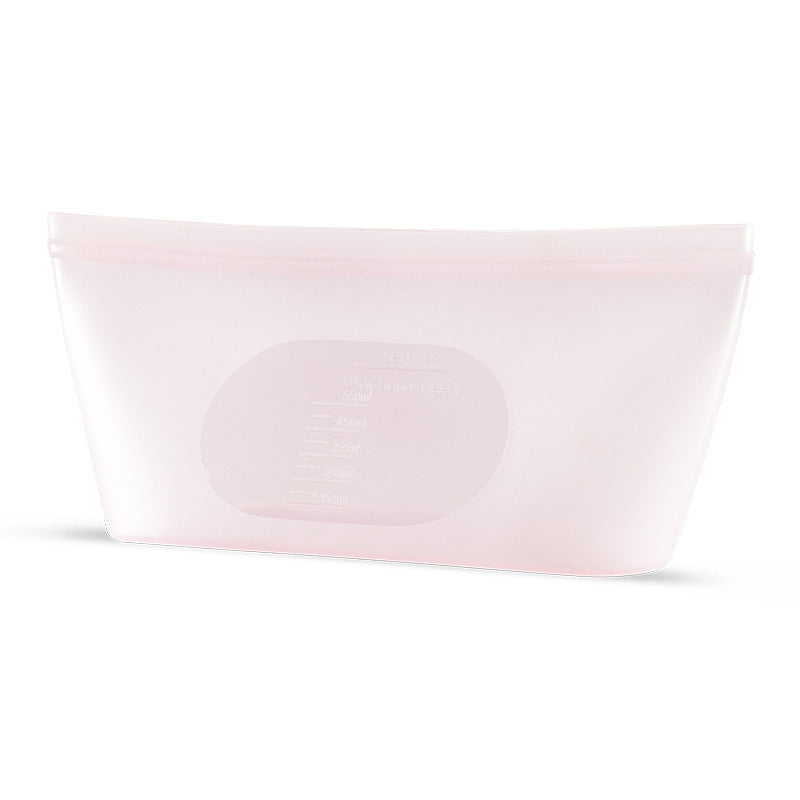 Reusable silicone fridge bag for fruits and vegetables; Pink rectangular pouch on a white background