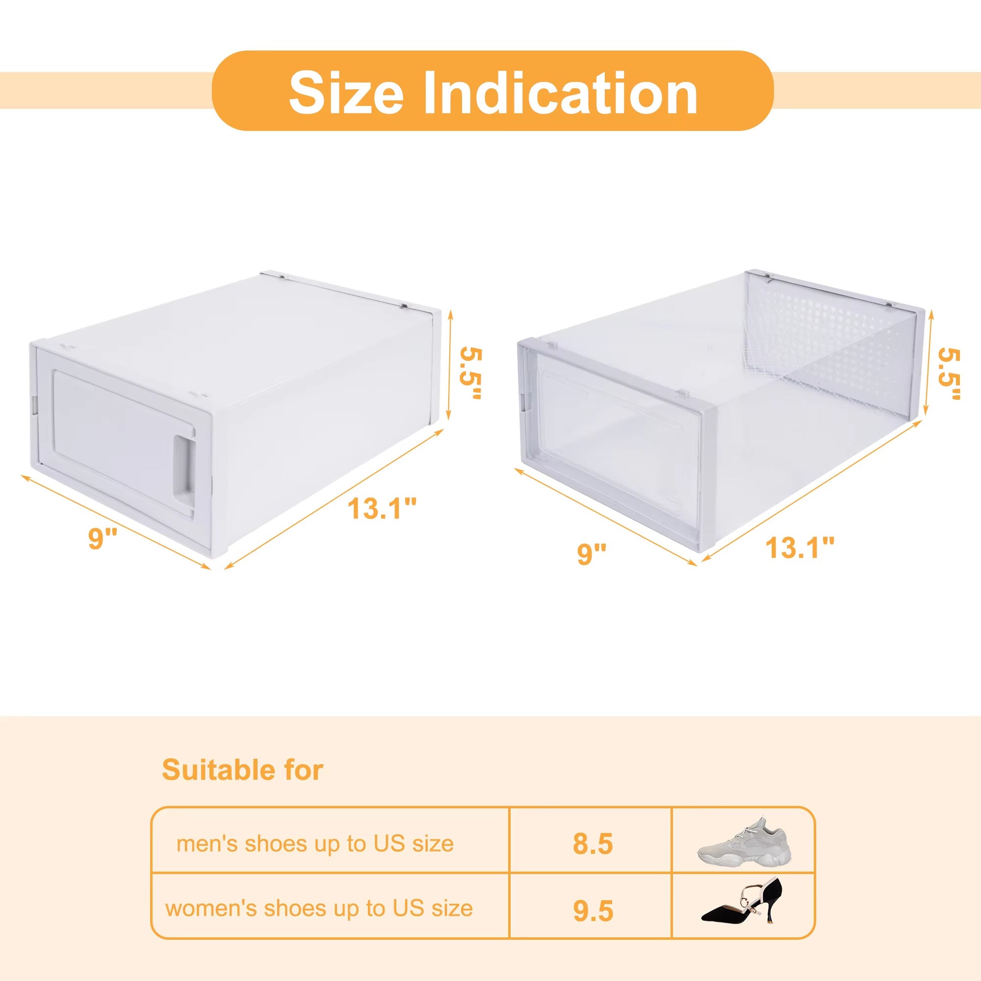 Dimensions of two shoe boxes with size indication for men's and women's shoes