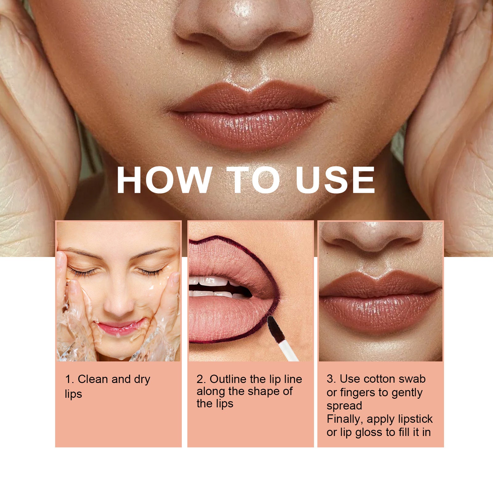 Step-by-step guide on how to use waterproof lip liner pen with close-up images of a woman's lips.