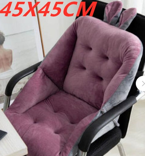 Purple chair cushion on a black office chair with '45X45CM' text in red; featuring ergonomic design with tufted cotton filling