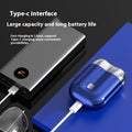 Power bank with Type-C interface on a black and blue gradient background; Mini portable rechargeable electric shaver for men with floating cutter head and low-noise motor