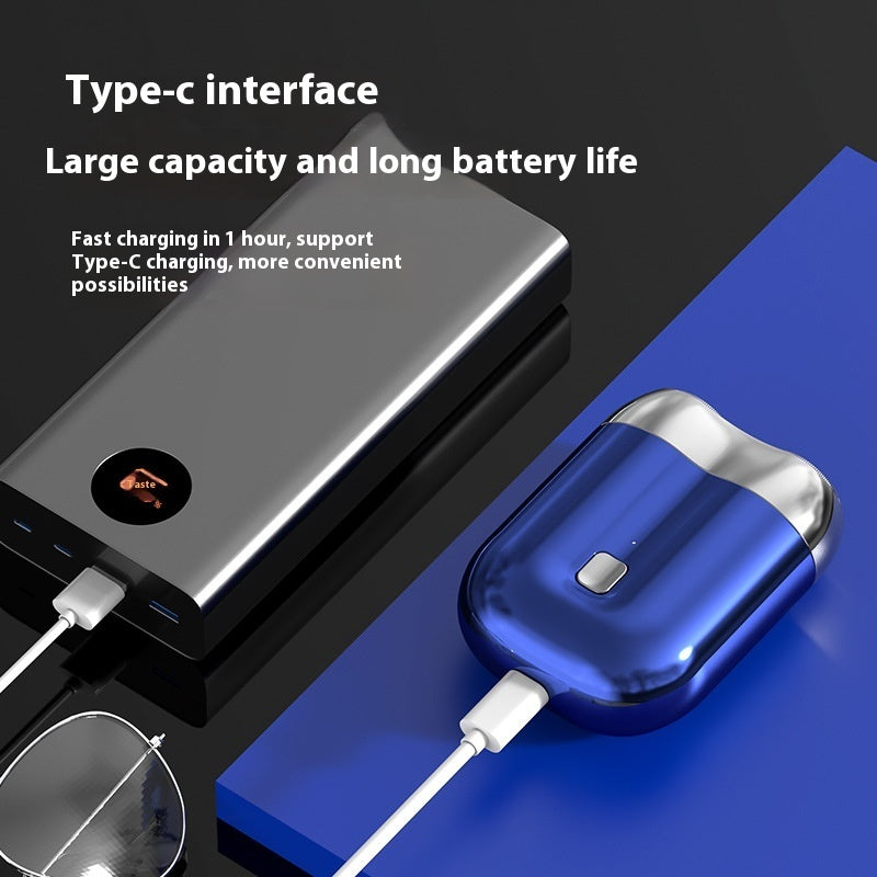 Power bank with Type-C interface on a black and blue gradient background; Mini portable rechargeable electric shaver for men with floating cutter head and low-noise motor