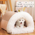 Portable pet nest bed for cats and dogs in brown color with a dog inside and size dimensions