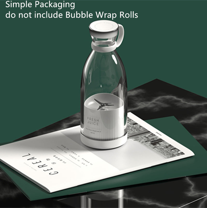 Clear Portable rechargeable USB blender with white label on a magazine with text overlay