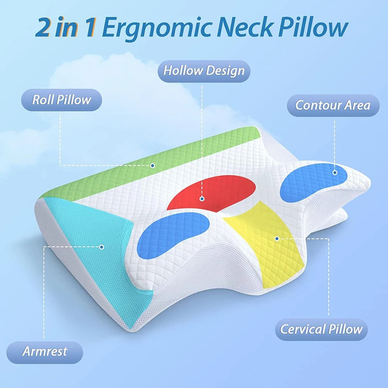 Cervical pillow for pain relief being used by a person on a bed, with text indicating it helps with various pains.