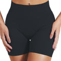 Black high-waisted shorts worn by a person on a white background; displayed folded on a flat surface