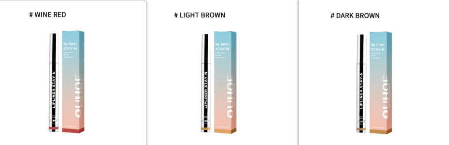 Three Waterproof Lip liner pen labelled 'Wine Red', 'Light Brown', and 'Dark Brown' on a white background.