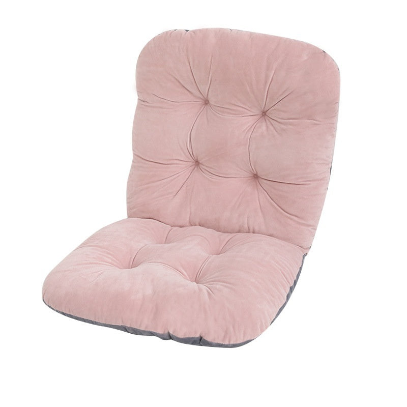Pink cushioned chair pad on a white background; Ergonomic integrated office seat cushion with backrest in light gray viscose fabric