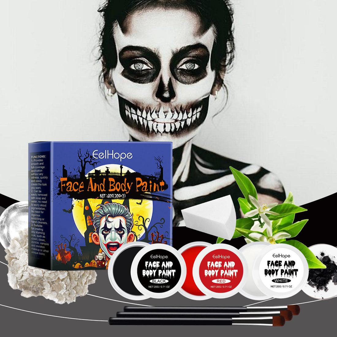 Halloween makeup palette with red, black, and white cream paints