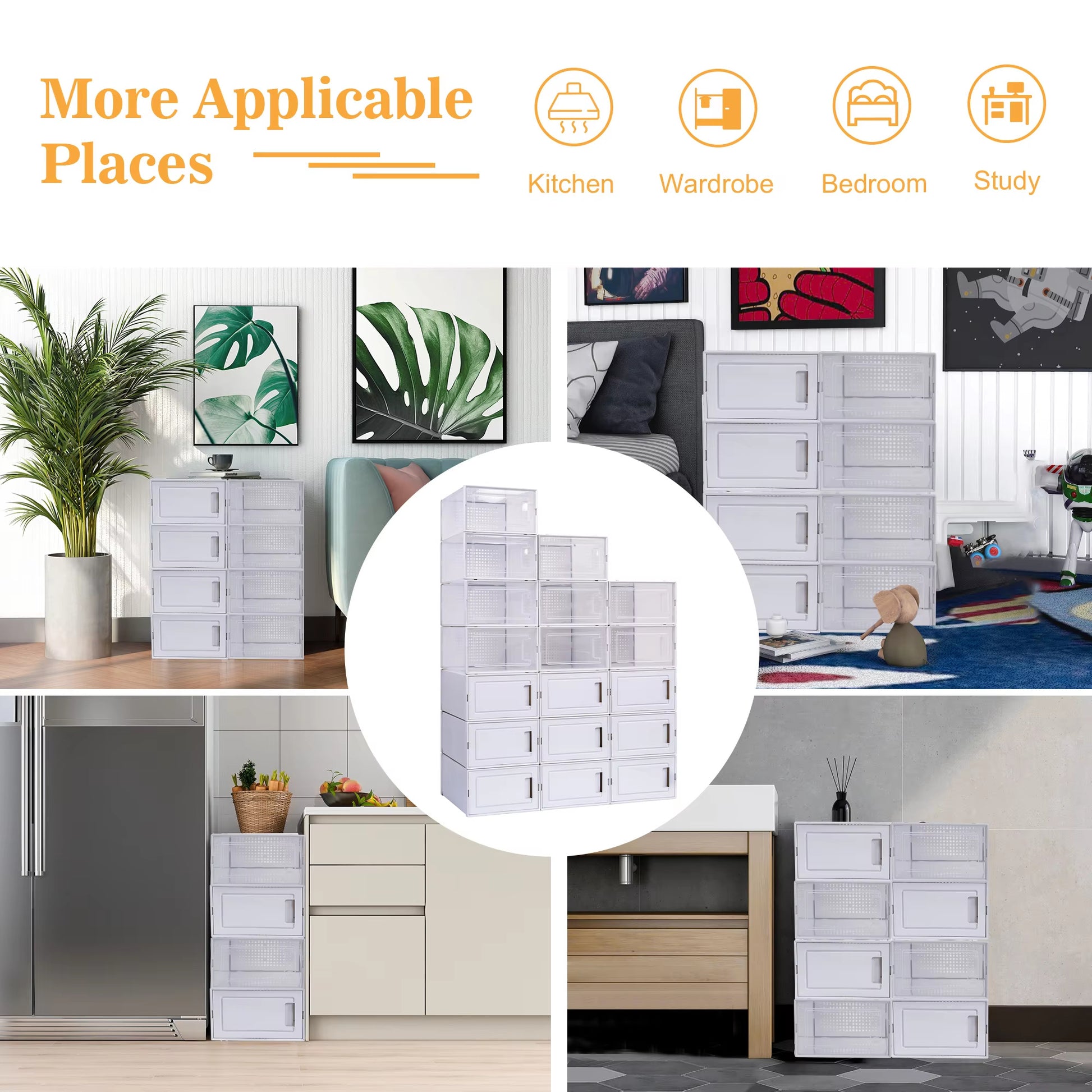 White storage units shown in various rooms including a kitchen, wardrobe, bedroom, and study