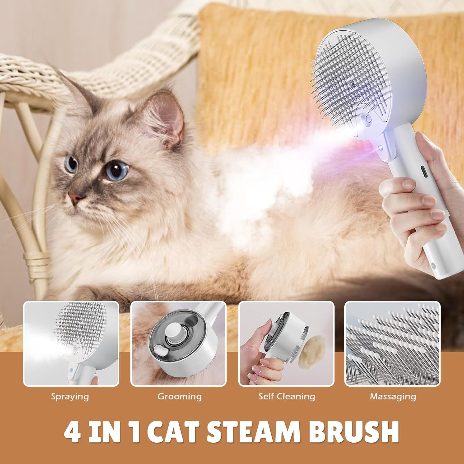 4-in-1 cat steam brush being used on a cat with features highlighted