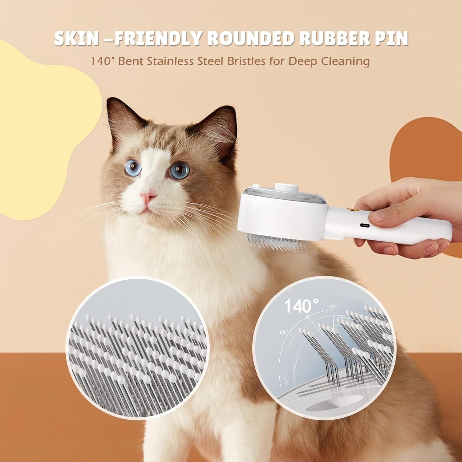 Cat being groomed with a pet grooming brush, featuring text about the product's features