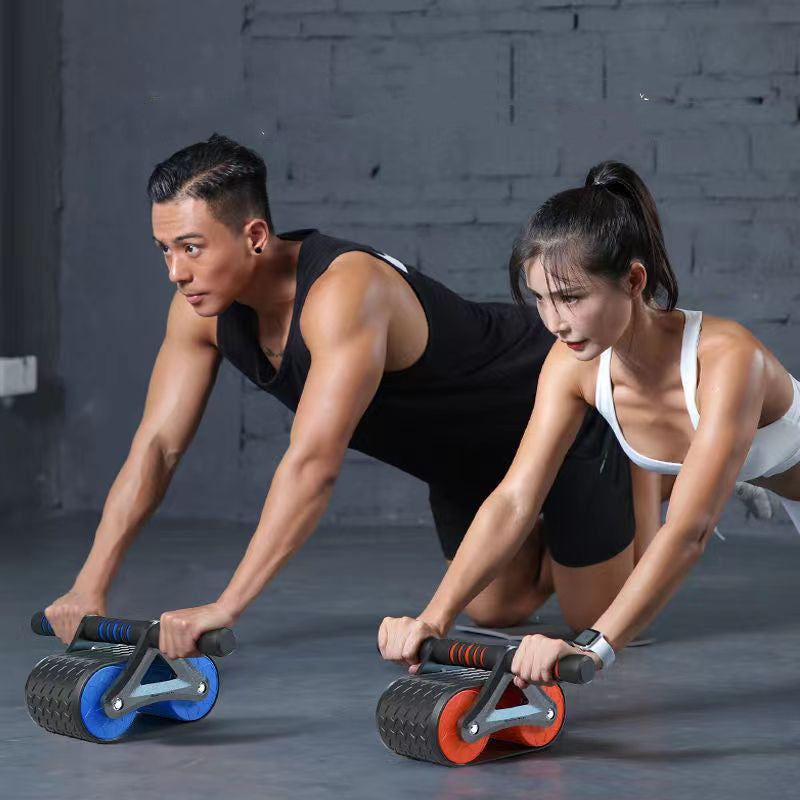 Double wheel ab roller with automatic rebound and knee pad for core and waist training.