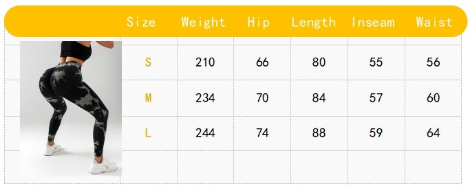 Table displaying size chart for leggings with measurements in centimeters