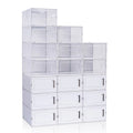 Stack of white storage crates with clear top panels on a white background