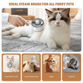 Cat being groomed with a steam brush, surrounded by images of different pets using the product
