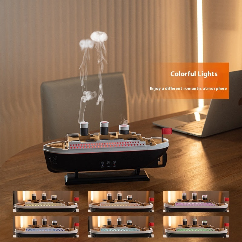 Black resin humidifier on a modern wooden desk with mist and lighting effects