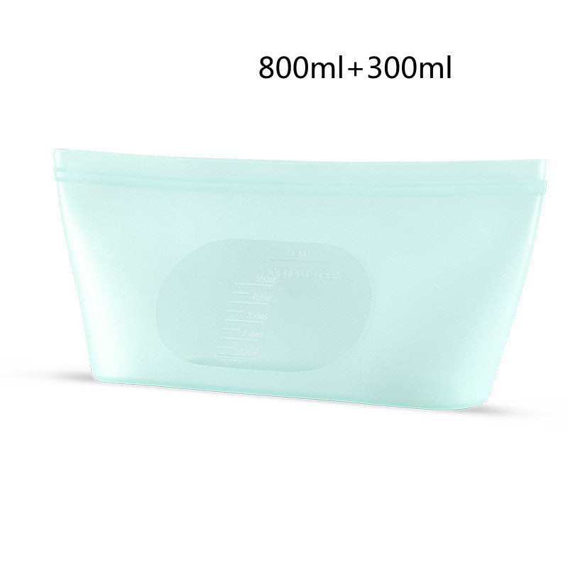 Light blue silicone bag with measurement text on a white background