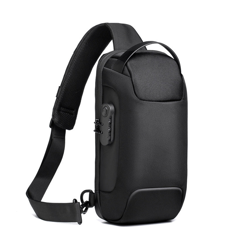 Black sling bag with a visible brand logo on a white background