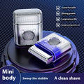 Portable electric shaver with features listed on a blue background; Reciprocating shaver for men in tech black with brushless motor
