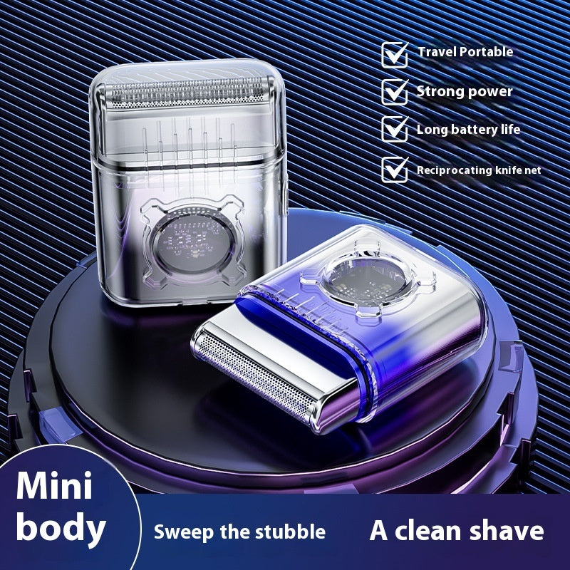 Portable electric shaver with features listed on a blue background; Reciprocating shaver for men in tech black with brushless motor