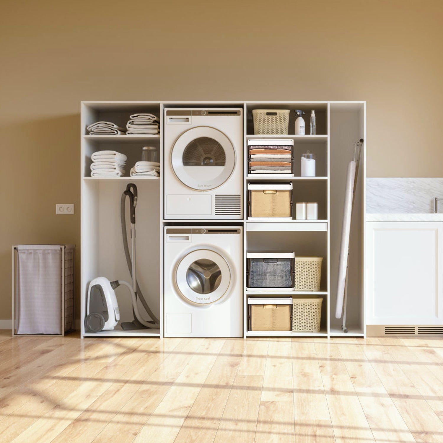 Laundry room with white washer and dryer inside a cabinet with shelves and baskets