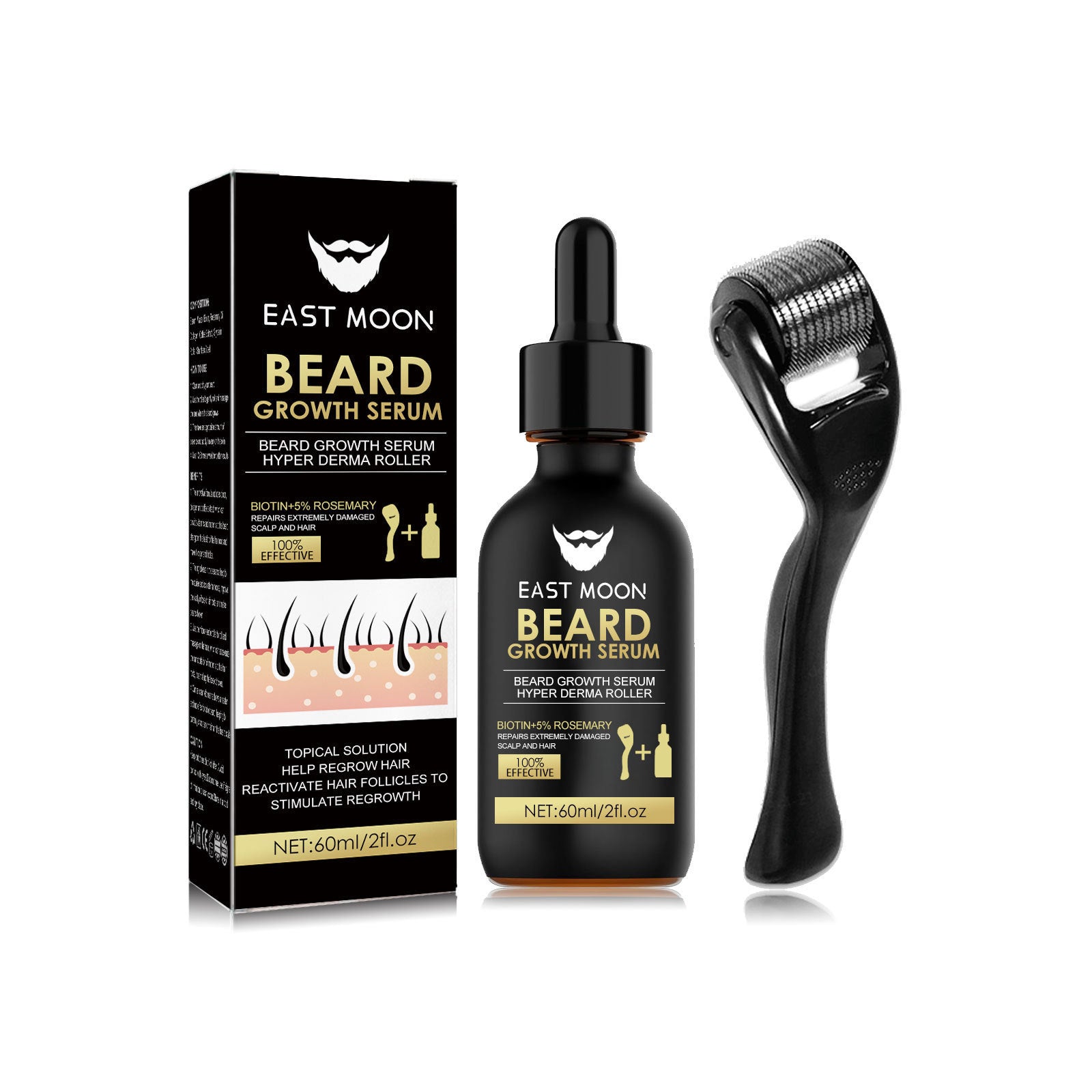 Beard growth treatment oil and roller set for fuller beard