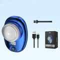 Blue electric shaver with accessories on a light blue background