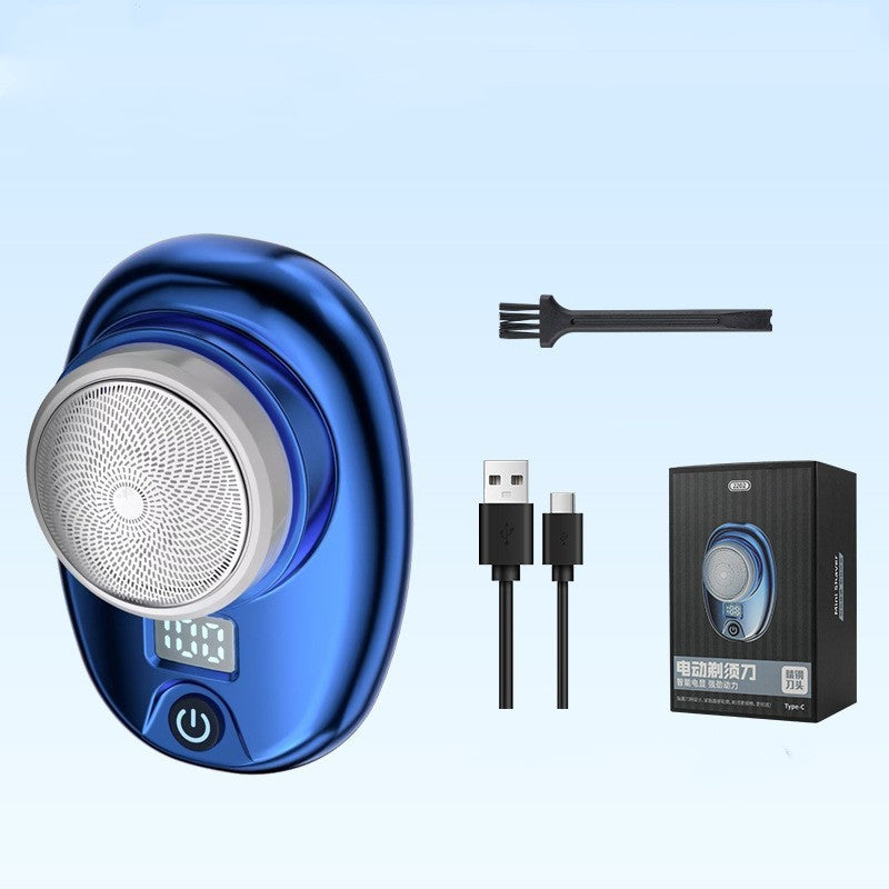 Blue electric shaver with accessories on a light blue background